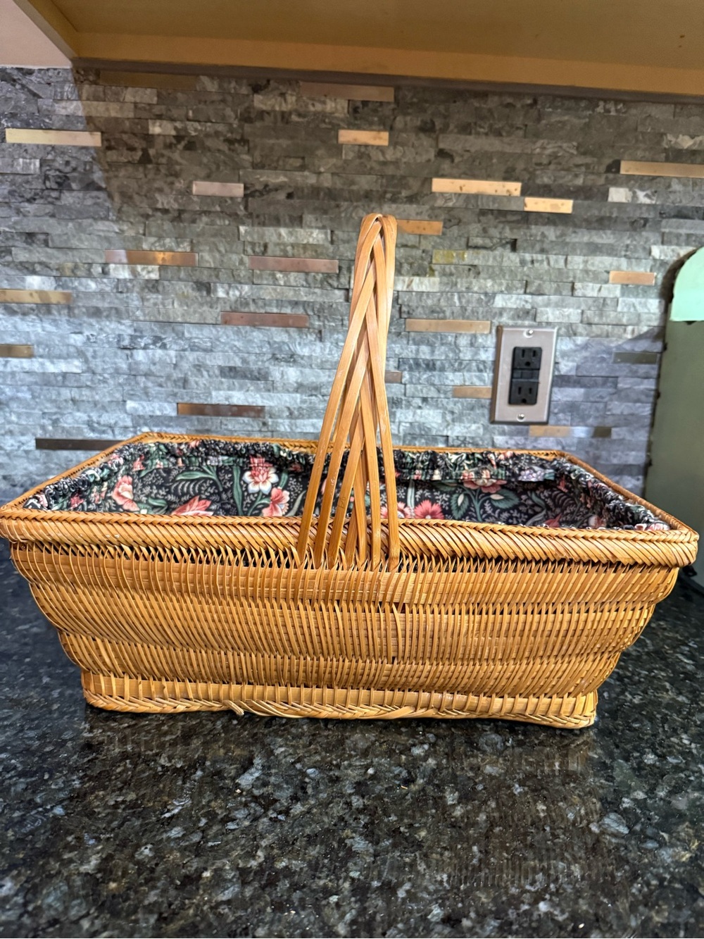 Vintage Large Boho Rattan Floral Linen Lined Basket